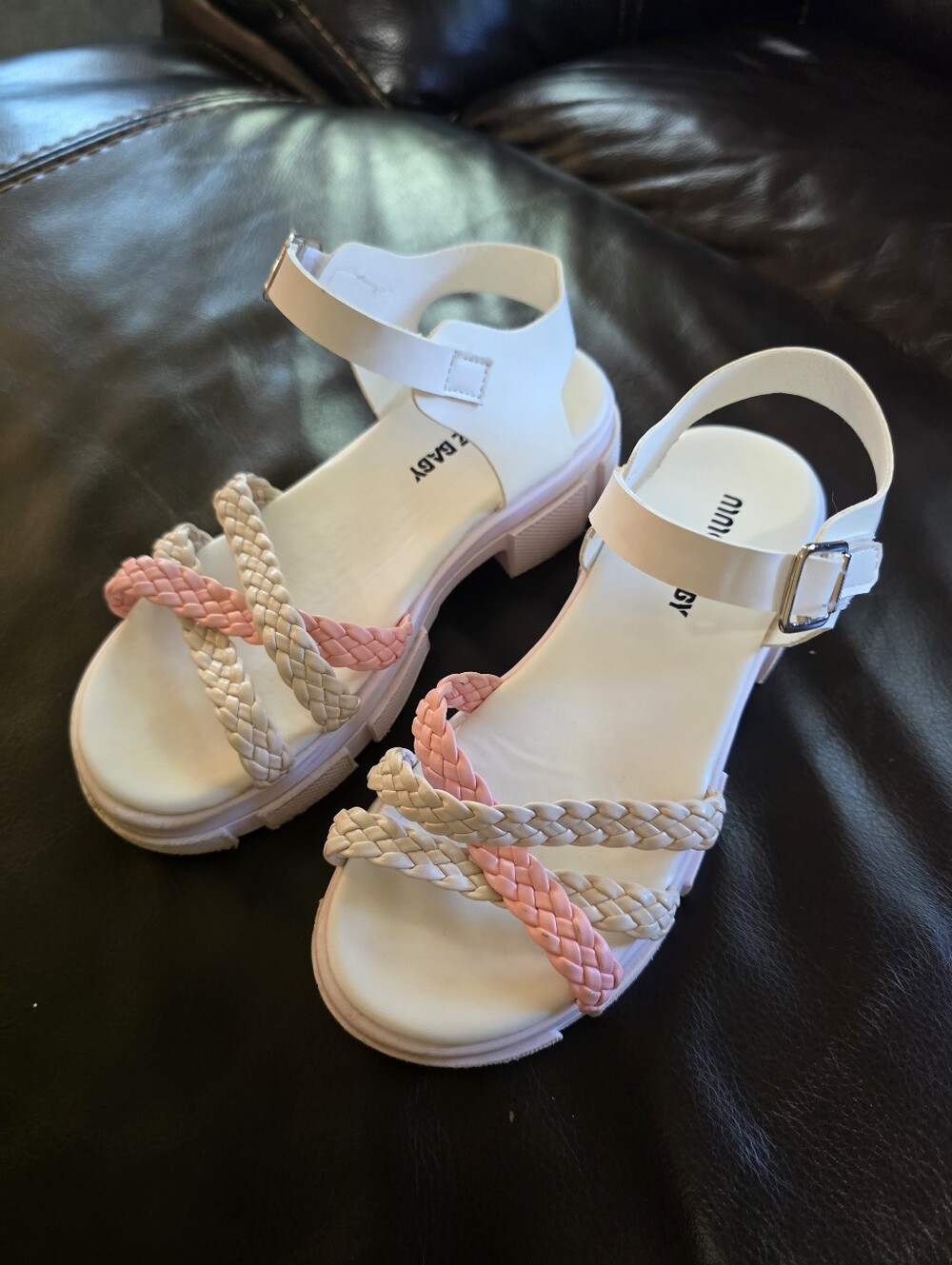 Mingz Baby Girls Size 33 White Pink Braided Straps Ankle Strap Platform Sandals